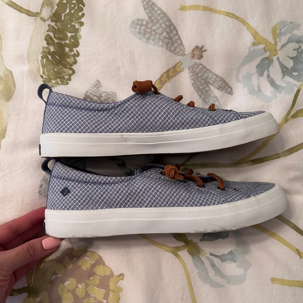 Sperry Light Blue Gingham Top-Sider Sneaker with Brown Laces - Picture 5 of 10